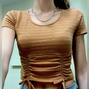 Brown orange cropped tie front top